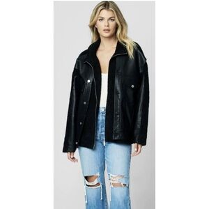 Blank NYC Sherpa Oversized Vegan Leather Black Trucker Funnel Jacket NWT